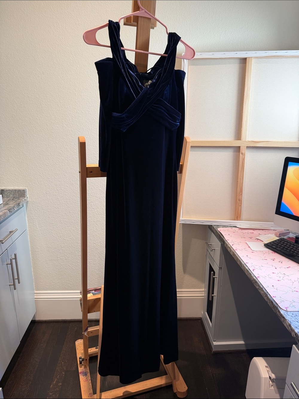 Theia Deep Navy Velvet Maxi Gown with Twisted Bodice